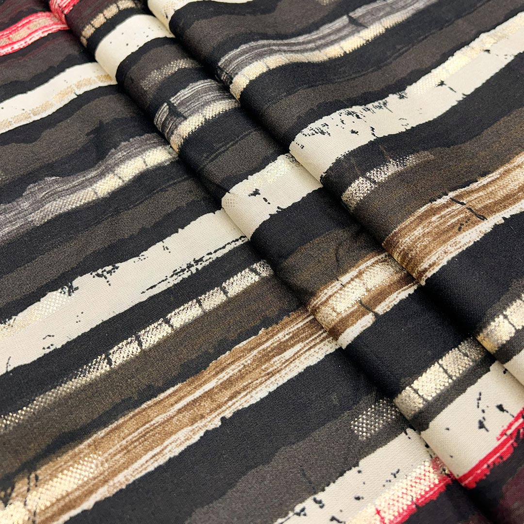 Brown, Black With Multi Shades Stripes Rayon Foil Print Fabric