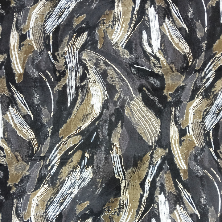 Dark Grey With Black Color Abstract Rayon Foil Print Fabric