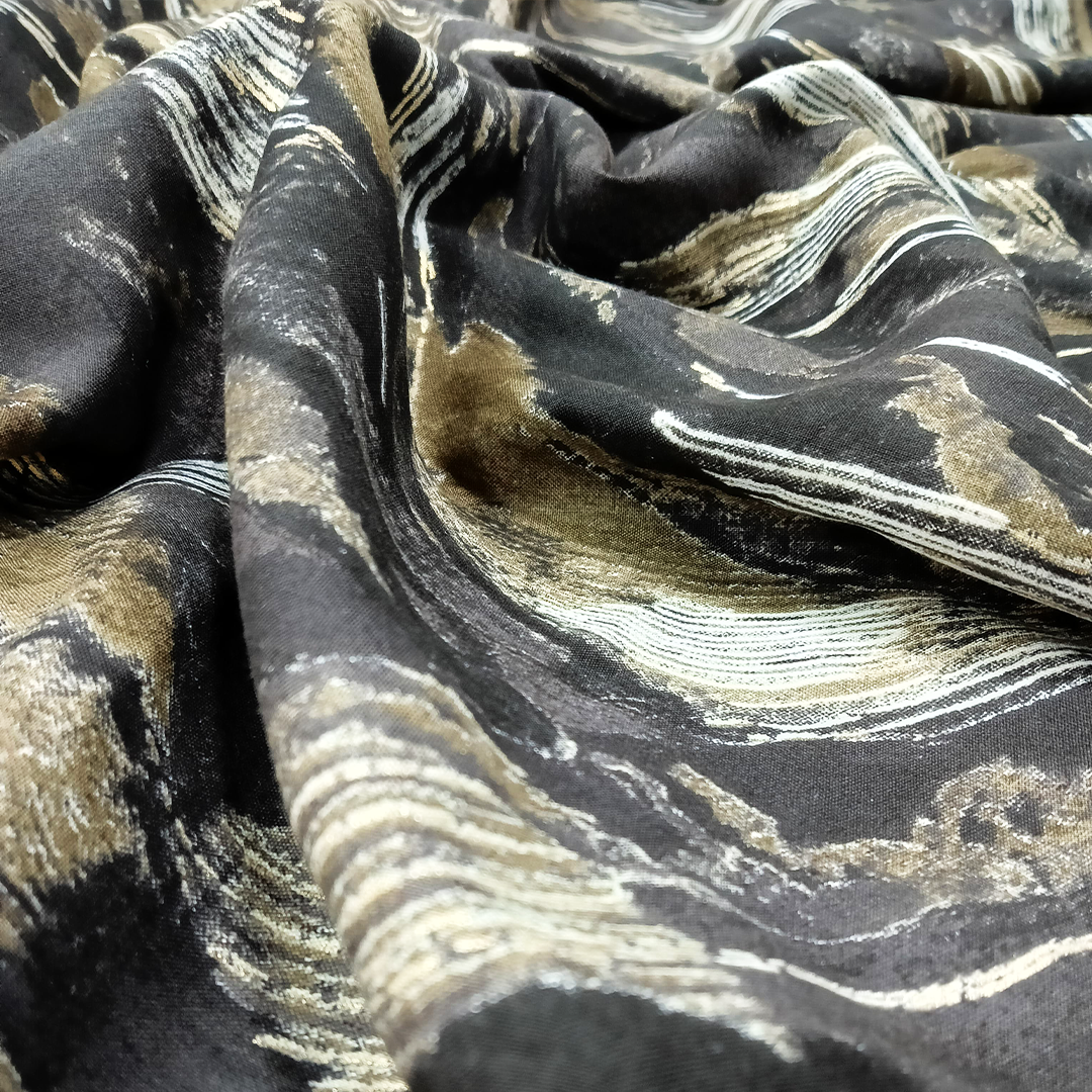 Dark Grey With Black Color Abstract Rayon Foil Print Fabric