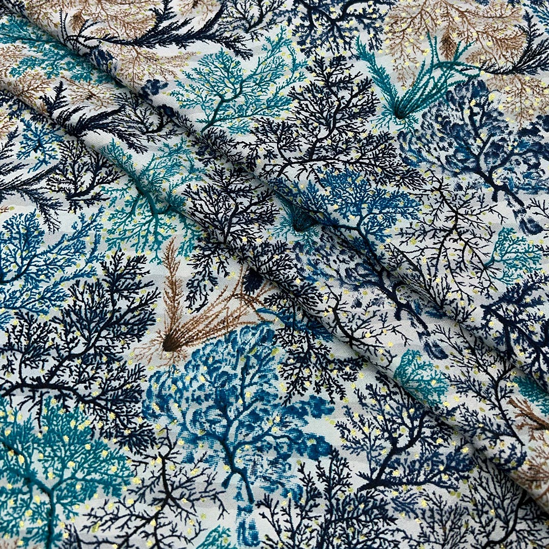 Sea Green With Blue Shade Abstract Printed Rayon Foil Fabric