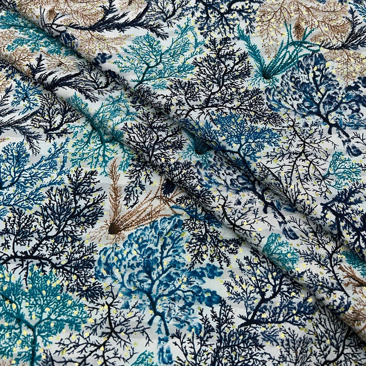 Sea Green With Blue Shade Abstract Printed Rayon Foil Fabric